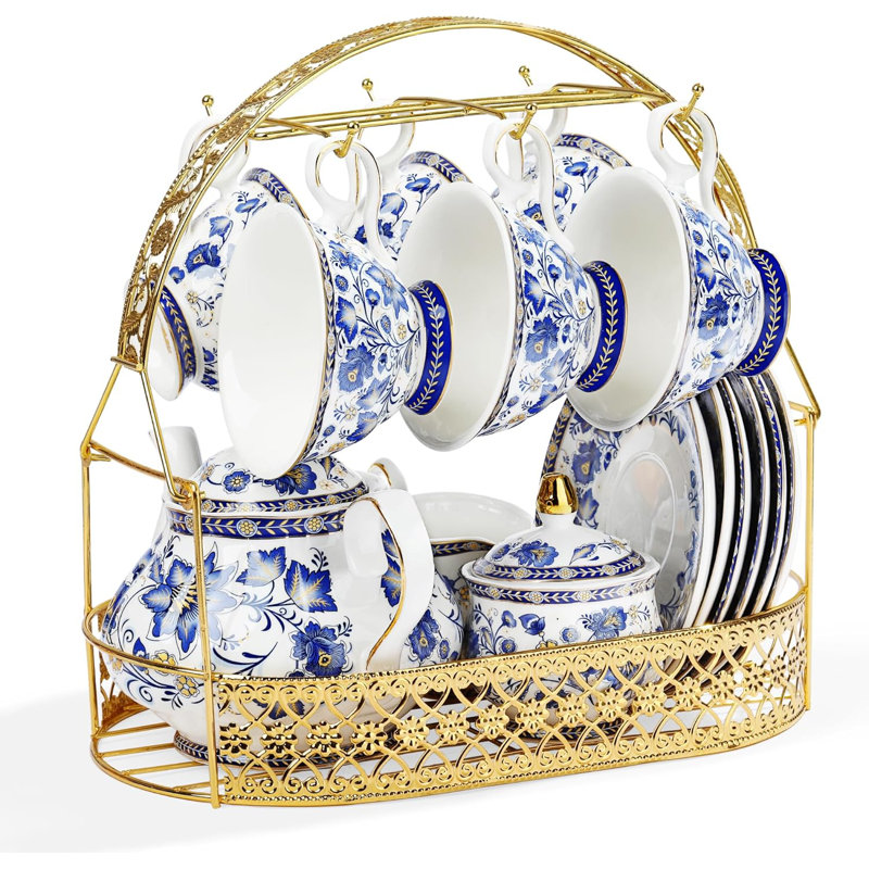 Service de 6 tasses à café bleues et soucoupes bleues