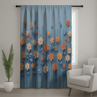 Rideaux de fenêtre orange, fleurs et voilages à motif floral - 1 panneau
