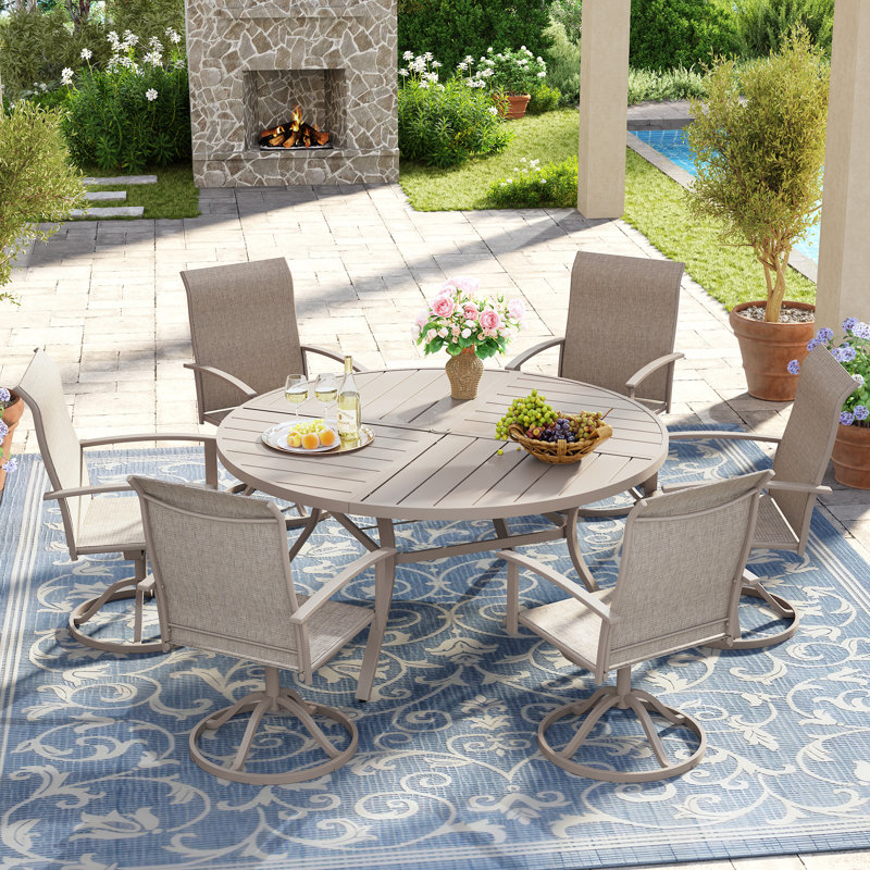 Ensemble de salle à manger de patio 7 pièces 7 pièces avec chaises pivotantes en textilène, Coquillage de sable