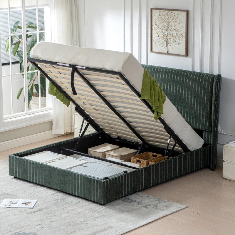 Lit plateforme de rangement relevable pneumatique rembourré avec tête de lit à oreilles, Queen, Green