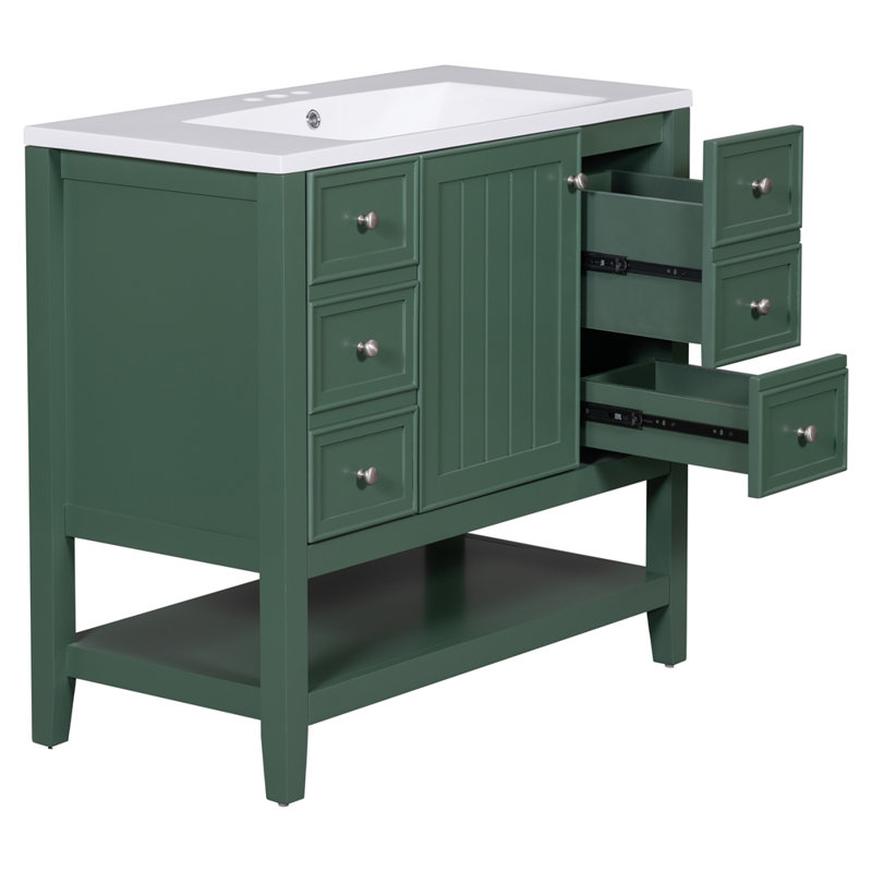 Meuble-lavabo 36 po avec lavabo, une armoire et trois tiroirs, panneau de bois massif et panneau de fibres à densité moyenne
