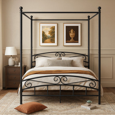 Queen Metal Canopy Bed Frame with Headboard and Footboard in Black