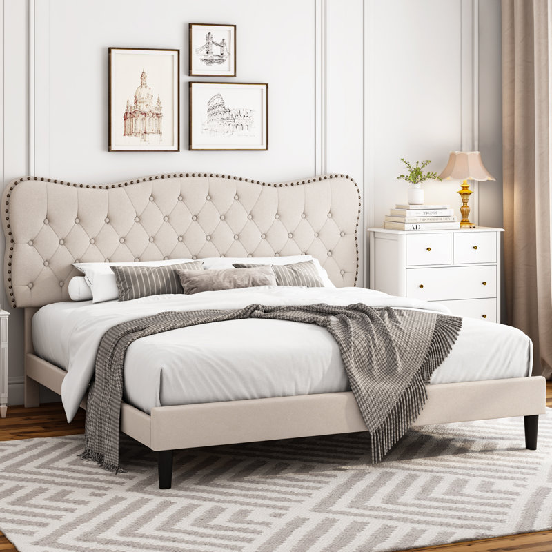 Lofgren Tufted Upholstered Platform Bed with Adjustable Headboard, Queen, Light Beige