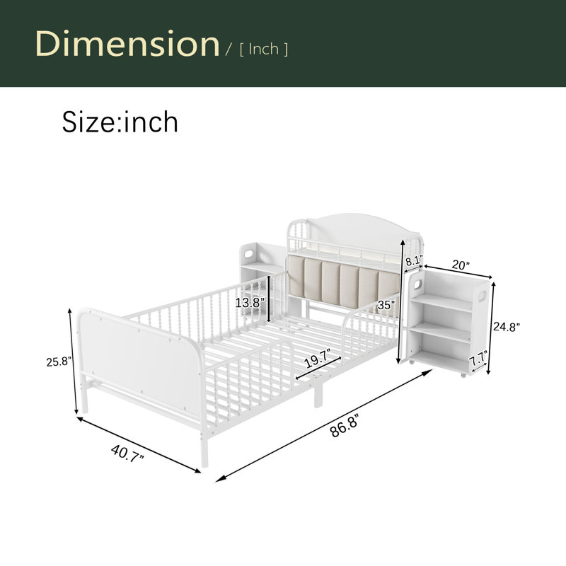 Structure de lit plateforme simple en métal avec lumière, lit simple en métal pour enfants avec tablettes de rangement escamotables