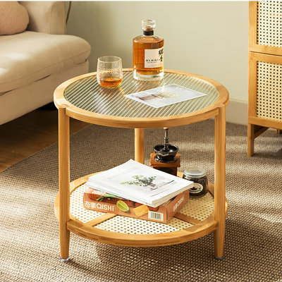 Table d'appoint ronde à deux niveaux, style vintage, en bambou et verre, avec rangement, diamètre 53 cm (21 pouces).