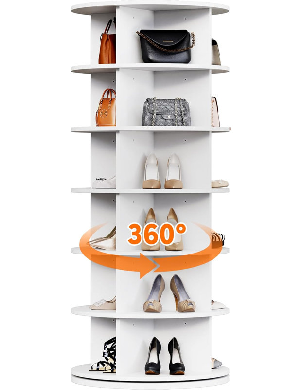 6 Tier Rotating Shoe Rack Tower for 24-28 Pairs, 360° Free Standing Spinning Shoe Storage, Round Rotate Shoe Handbag Rack for Living Room Entryway Doorway