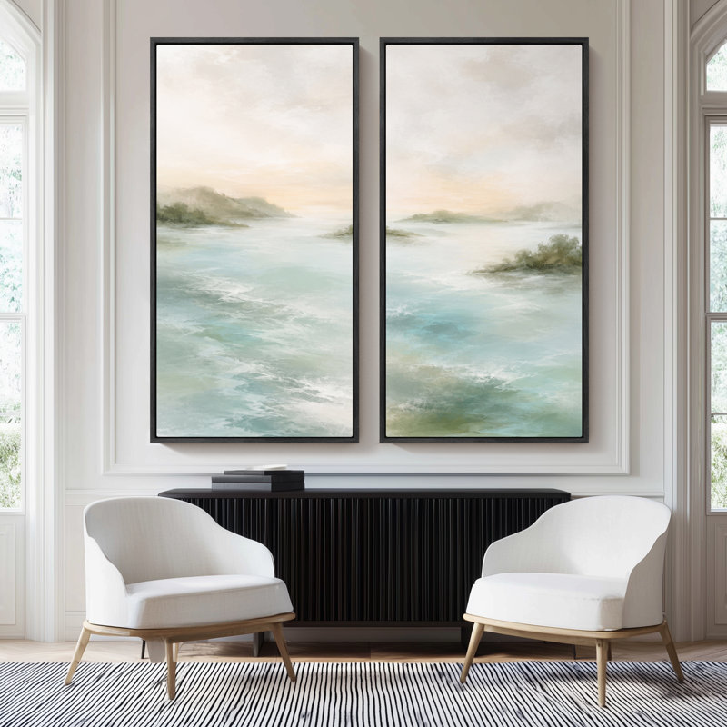 Paysage océanique serein bleu pâle – Ensemble de 2 impressions d'art encadrées sur toile 60"x20"x2, 60"x30"x2, Cadre noir