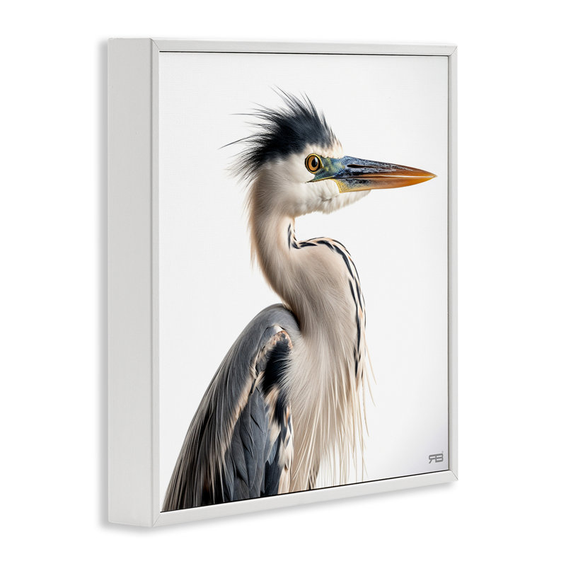 Héron stoïque regardant à droite, estampe numérique par Roozbeh Bahramali, Giclée encadrée blanc bord de mer