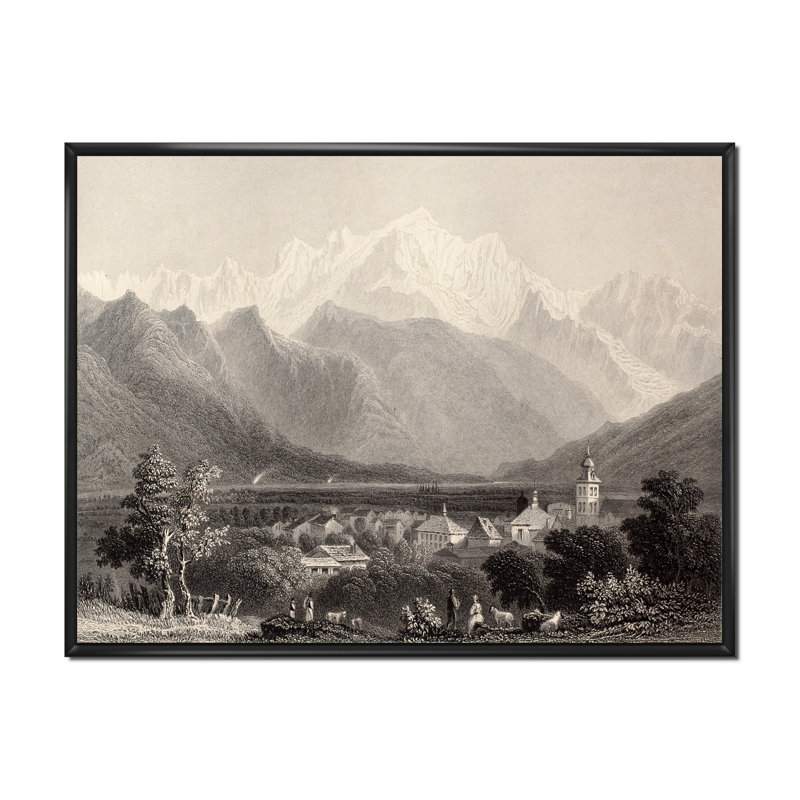 Mont Blanc monochrome - impression sur toile, Cadre flottant noir, H 16 po x l 32 po