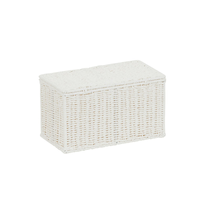 Small Wicker Basket with Lid in Handwoven Paper Rope and Steel Frame, White