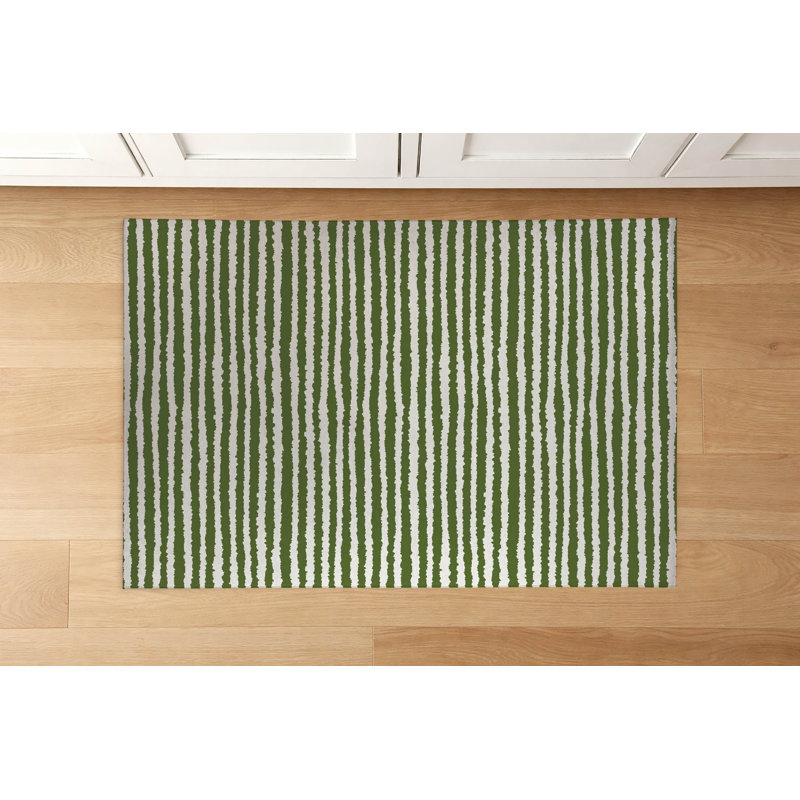 Tapis de cuisine à profil bas Long Gen, Vert olive rayé, Rectangle 5' x 7'