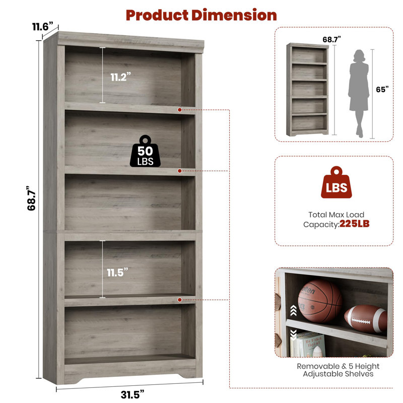 23.6" W Farmhouse Bookcase with Adjustable Shelves, Rustic Floor Standing Open Display Storage Rack, Anti-Slip Bookshelf for Home Office, Living Room & Study-Gray，5-Tier