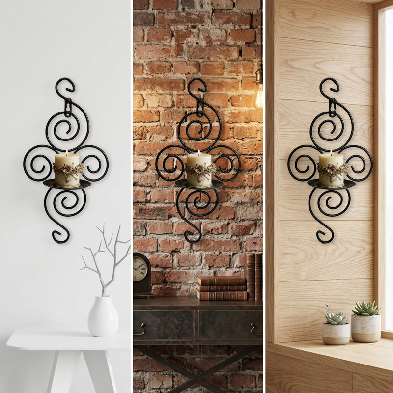 Wrought Iron Candlestick In Black White Wall Mounted Hook Decorative Ornament, Black