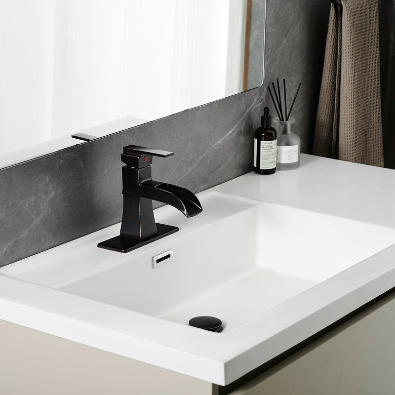 Robinet de salle de bain moderne avec cascade montée sur le pont, drain escamotable, conduites d'alimentation, finition bronze, commande manuelle, plaque de remplissage en céramique, contrôle