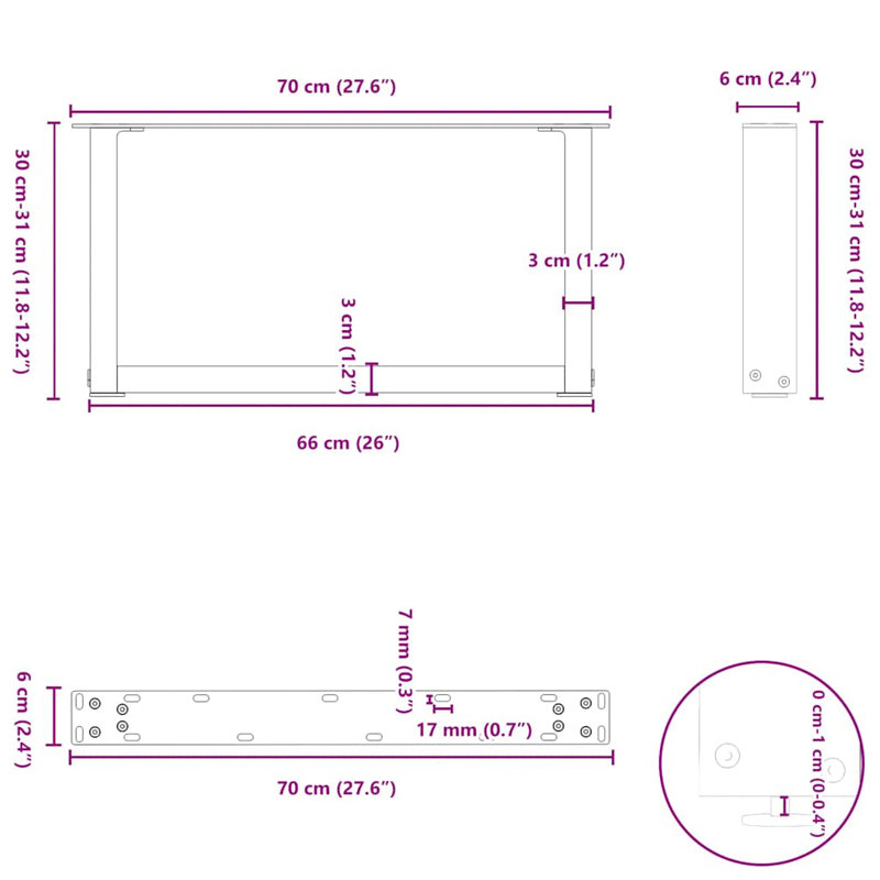 Daveonte Table Leg, 31cm H x 70cm W, Black
