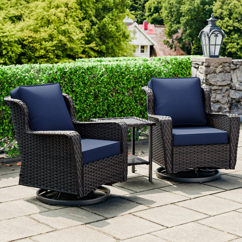 3-piece Patio Rattan Swivel Chair Set, Dark Blue