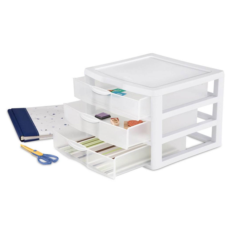 Sterilite Clear Plastic Stackable Small 3 Drawer Storage System, White