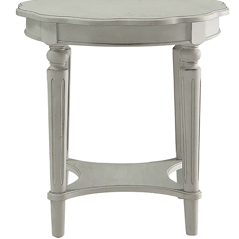 Table de bout ronde antique en ardoise avec surface de rangement et tablette inférieure