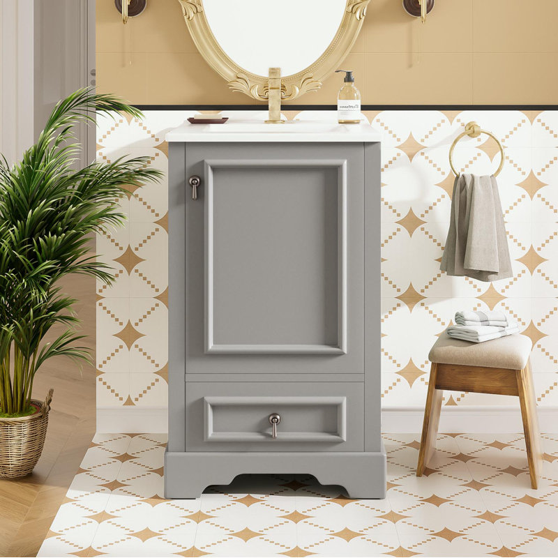 Meuble-lavabo de salle de bain avec lavabo en céramique, tiroir à compartiments et support de porte, Gris