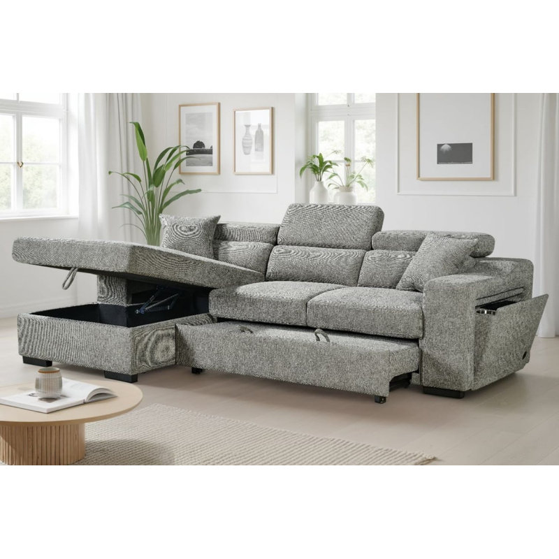 4 Seater Sofa Bed, Left Hand Facing, Gray Polyester