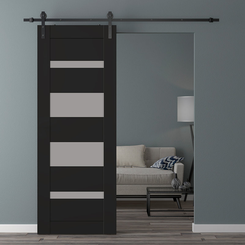 Panelled Glass Mirella Barn Door, Black, 31.75" x 95.24"