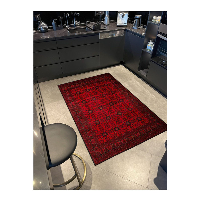 Tapis décoratif rouge tissé à motif géométrique de couleur rouge, Sous-tapis carré 3 pi 3 po inclus