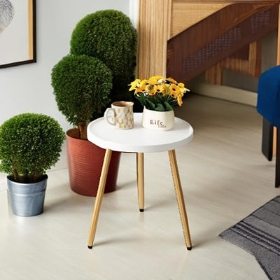 Petite table d'appoint ronde avec pieds en métal et plateau en bois, blanc et or