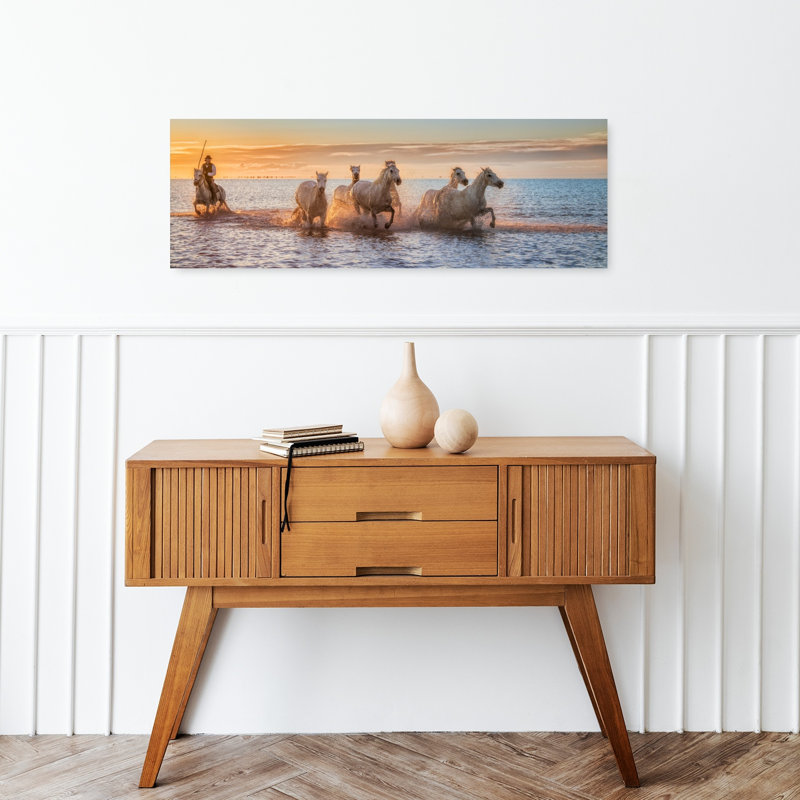 «Camargue Horses Sunset Run Dramatic Elegant Abstract Horse Ocean Sunset», art mural, H 12 po x l 36 po