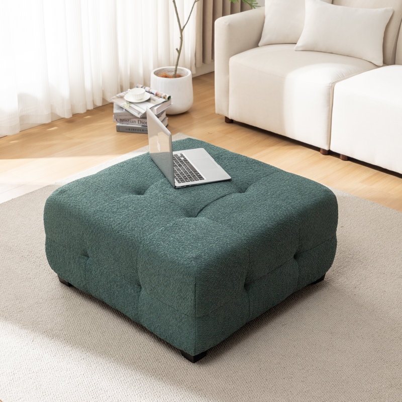 Ashyiah 32'' Wide Upholstered Tufted Ottoman, Green Boucle