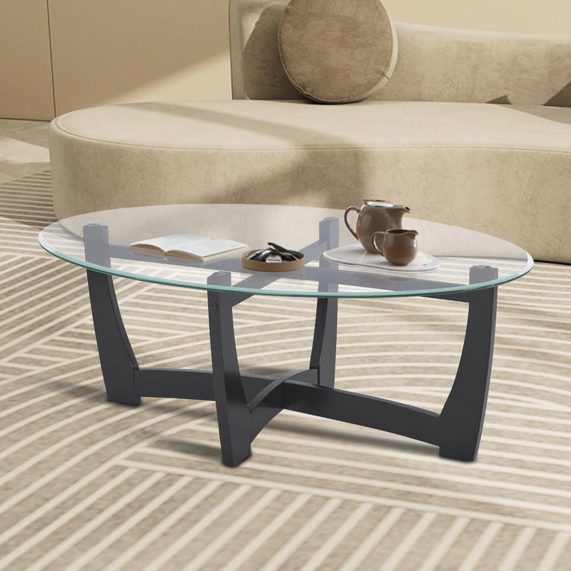 48" Oval Glass Coffee Table with Wood Base, Black, Transparent, Black