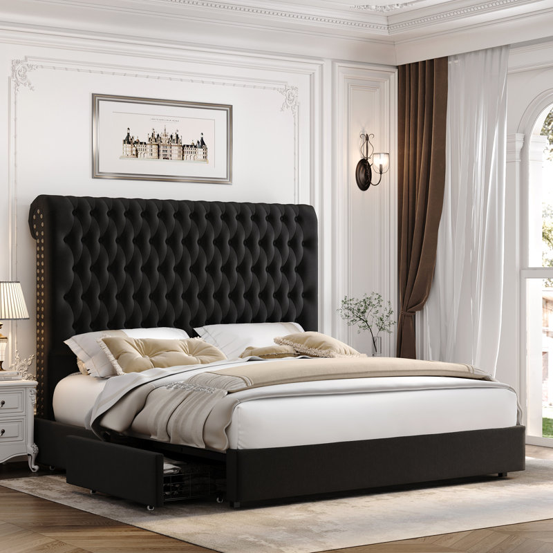 Kanisha Upholstered Storage Bed with Button Tufted Flannel Headboard, 4 Drawers, King, Black