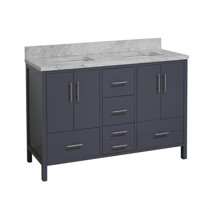 Ensemble de meuble-lavabo double 60 po Kiara, Gris marine, Marbre de Carrare