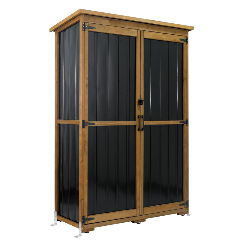 Outdoor Storage Cabinet Wood & Metal with Waterproof Roof, Garden Tool Shed with 4 adjustable reinforced feet with metal brackets, 3 Removable Shelves, 6 T-Hinge, Magnetic door