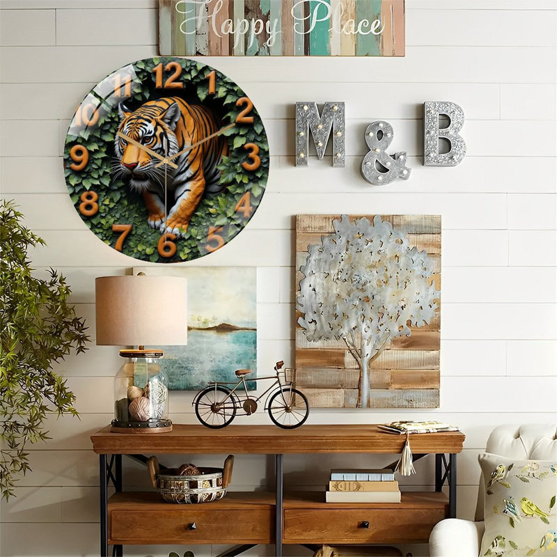 Horloge murale ronde en forme de tigre