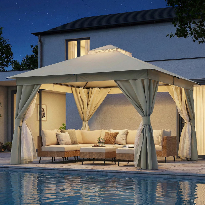 Yardgrace 12'x12' Soft-top Double-Roofed Steel Patio Gazebo, Cream