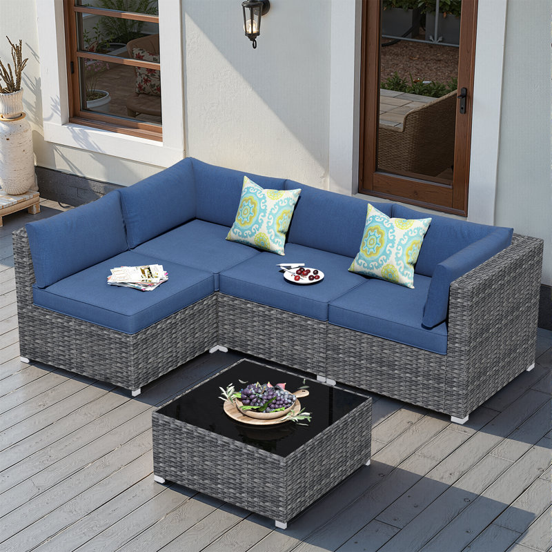 4 - Person Patio Conversation Set with Cushions, Blue, No