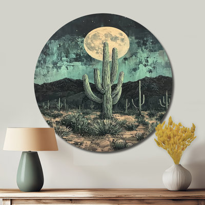 Marsano - Cactus Round Metal Wall Art, Traditional Green Metal Art Print