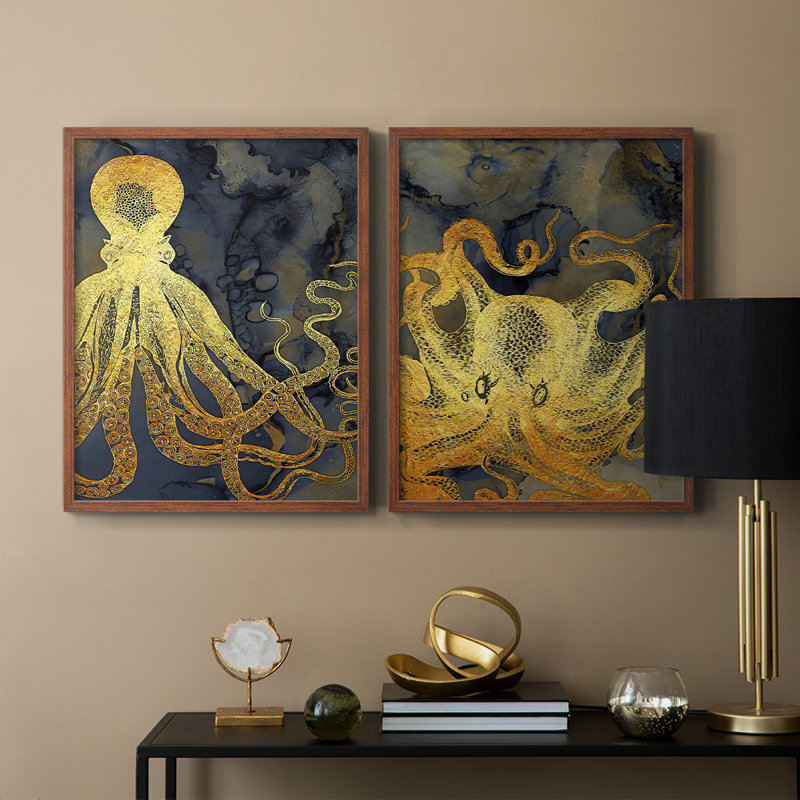 Encre pieuvre dorée et bleue, impression encadrée I-Premium - prête à être accrochée - aucun clou requis - aucun clou requis