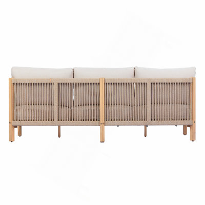 Canapé à trois places avec dossier en tressage de corde de 73,23 po (teck clair + corde beige + coussin beige)