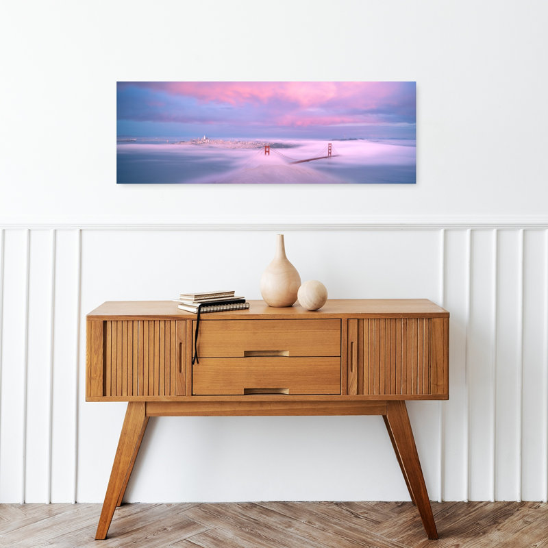 «Dreamy Golden Gate Fog», art contemporain de paysage urbain abstrait, H 12 po x l 36 po