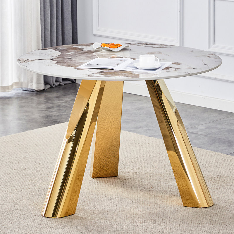Table ronde élégante de 42 po avec surface en pierre frittée blanche et pieds dorés