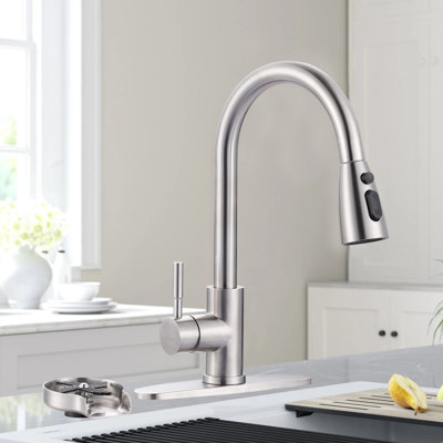 Stainless Steel Kitchen Faucet With A Nozzle, High Arc Pull-Down Design, Suitable For 2 Or 4 Holes.