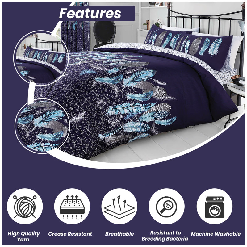 Modern Feather Design Duvet Cover Set with Matching Pillowcases - Polycotton Fabric Bedding, Super King, Navy
