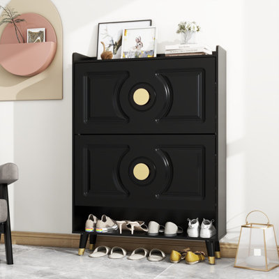 Armoire à chaussures avec 2 tiroirs rabattables, armoire à chaussures autoportante en bois mince avec casier et tablette, range-chaussures dissimulé pour le couloir d'entrée, peut contenir 24 paires, classique