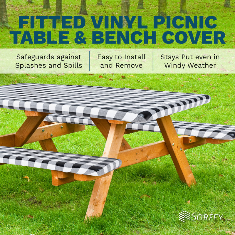 Roudebush Picnic Table And Bench Fitted Tablecloth Cover, Solid Design, Flannel Backed Lining, 30 Inch, 3-Piece Set, Green