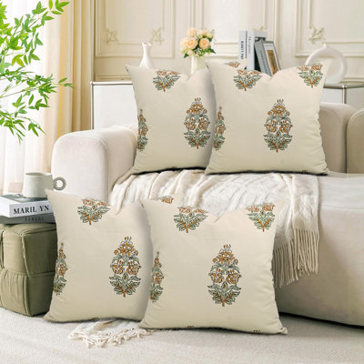 Fabdivine Block Print Floral Handmade Throw Decorative Pillow Case, Cotton Satin