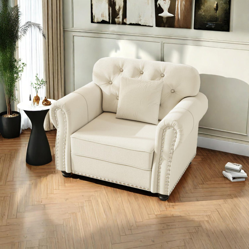 Canapé Chesterfield rembourré en velours avec garniture cloutée, Beige