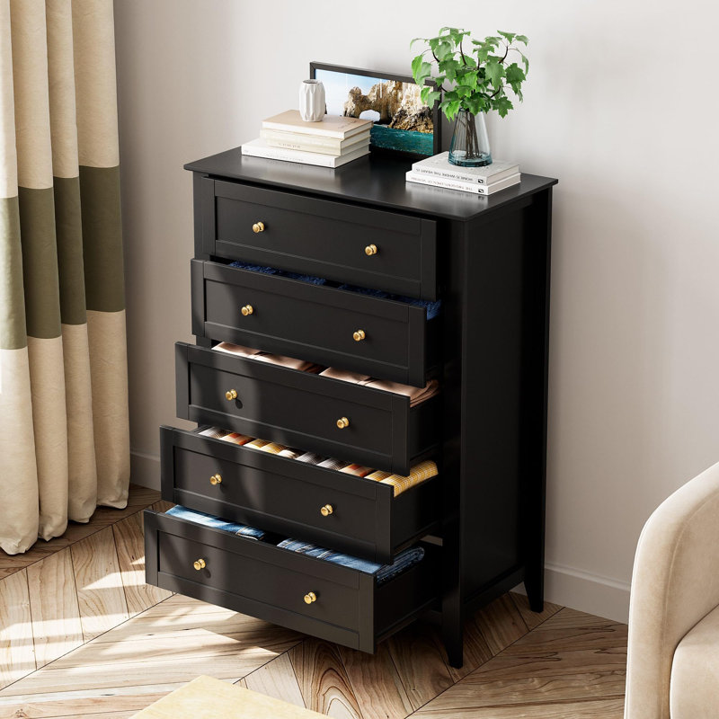 5-Drawer Tall Dresser with Deep Drawers & Metal Knobs, Modern Wood Chest, Black