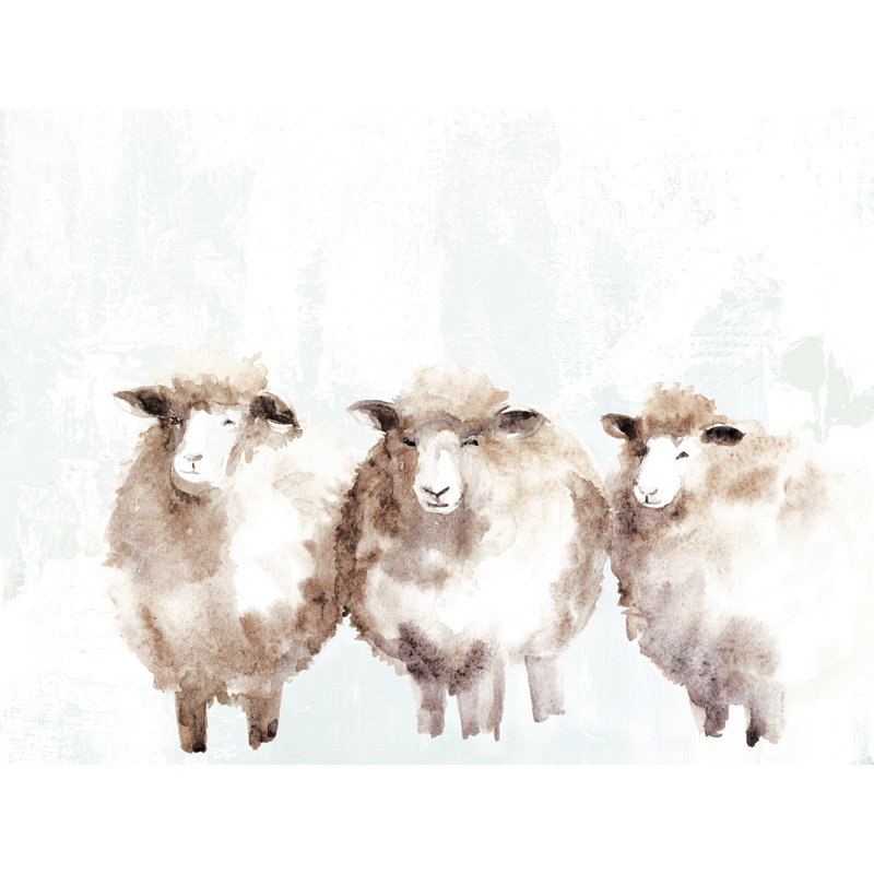 Watercolor Sheep - Reproduction d'art sur toile tendue, H 12 po x l 18 po, Oui, Reproduction avec cadre noyer