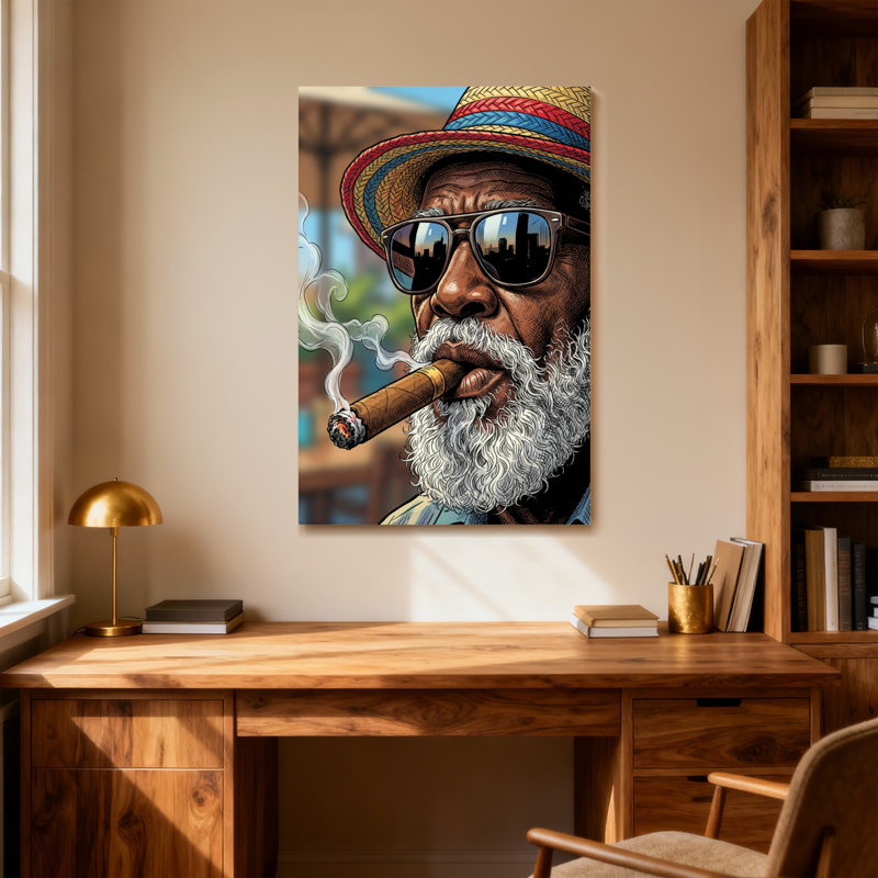 Homme à la mode avec cigare et lunettes de soleil, H 12 po x l 18 po